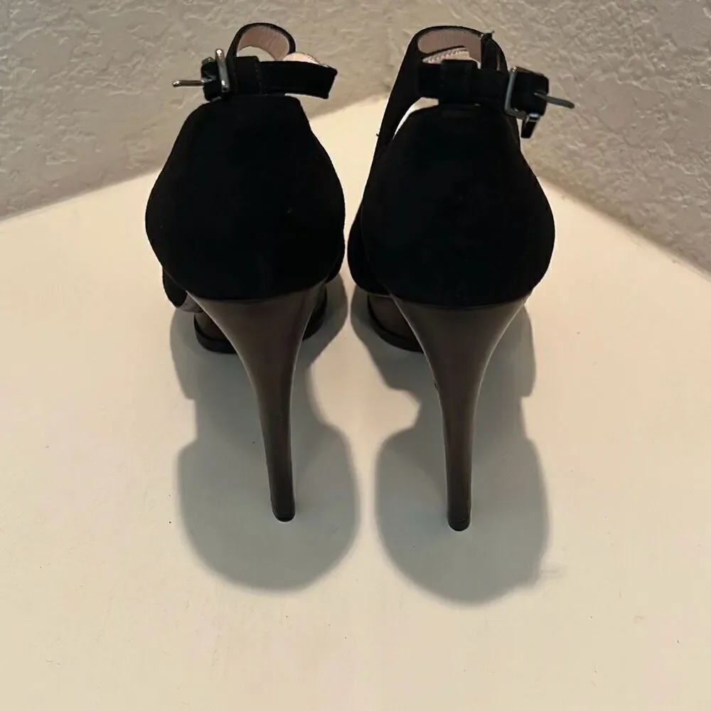 Giorgio Armani Women's 40.5 Black Suede Ankle Strap Cutout Pump Heels Evening